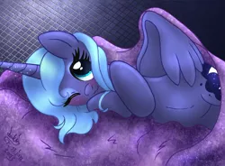 Size: 1220x900 | Tagged: safe, artist:joakaha, derpibooru import, princess luna, alicorn, pony, blanket, blushing, cute, filly, lunabetes, lying down, one eye closed, s1 luna, solo, wink, woona