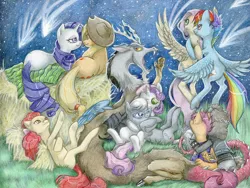 Size: 1000x753 | Tagged: safe, artist:mommashy, derpibooru import, apple bloom, applejack, discord, fluttershy, rainbow dash, rarity, scootaloo, silver spoon, sweetie belle, truffle shuffle, bedroom eyes, both cutie marks, colored pencil drawing, cute, female, flutterdash, lesbian, lesbian in front of boys, male, meteor shower, rarijack, shipping, silverbelle, traditional art, yawn