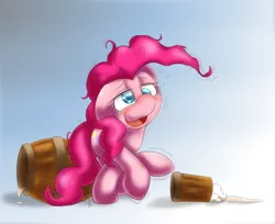 Size: 1225x1000 | Tagged: safe, artist:ushiro no kukan, derpibooru import, pinkie pie, earth pony, pony, barrel, cider, cute, diapinkes, drunk, drunkie pie, female, floppy ears, gradient background, lidded eyes, mare, messy mane, open mouth, raised hoof, raised leg, shivering, smiling, solo, tankard