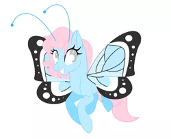 Size: 2369x1929 | Tagged: safe, artist:turtlezgomoo, derpibooru import, oc, unofficial characters only, butterfly, butterfly pony, original species, adoptable, butterfly wings, flying, grin, simple background, smiling, solo, transparent background