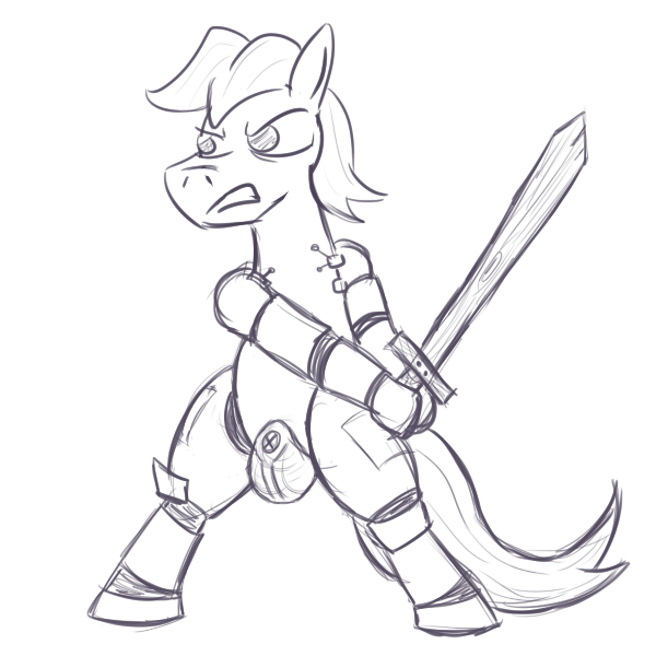 Size: 600x600 | Tagged: suggestive, artist:jargon scott, derpibooru import, fluttershy, cyborg, pony, amputee, armor, bipedal, butterscotch, codpiece, konami, metal gear, metal gear rising, monochrome, rule 63, solo, sword