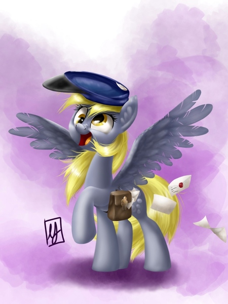 Size: 1000x1333 | Tagged: safe, artist:spacechickennerd, derpibooru import, derpy hooves, pegasus, pony, ear fluff, female, hat, letter, mailbag, mailmare, mare, raised hoof, smiling, solo, spread wings