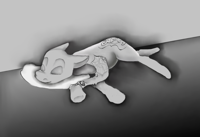 Size: 2541x1743 | Tagged: safe, artist:alumx, artist:ravetuba, derpibooru import, oc, unofficial characters only, earth pony, pony, monochrome, shading, sleeping, tattoo