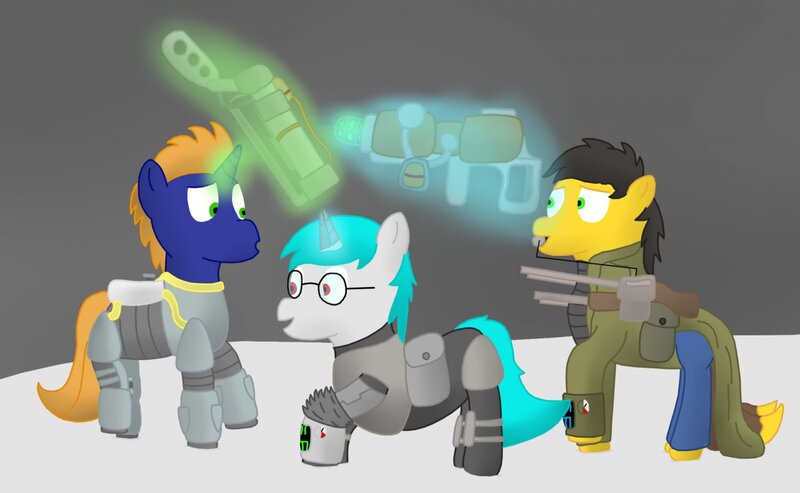 Size: 1280x788 | Tagged: safe, artist:minty candy, derpibooru import, oc, oc:minty candy, oc:twintails, unofficial characters only, pegasus, pony, unicorn, fallout equestria, fallout equestria: occupational hazards, b.a.r., clothes, gun, magic, mexican standoff, rifle, story, telekinesis