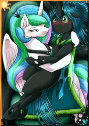 Size: 2480x3506 | Tagged: safe, artist:vavacung, derpibooru import, princess celestia, queen chrysalis, alicorn, changeling, changeling queen, pony, comic:when villain win, alternate hairstyle, blushing, cape, chryslestia, clothes, female, holding, lesbian, mare, shipping, smiling, sweat, sweatdrop