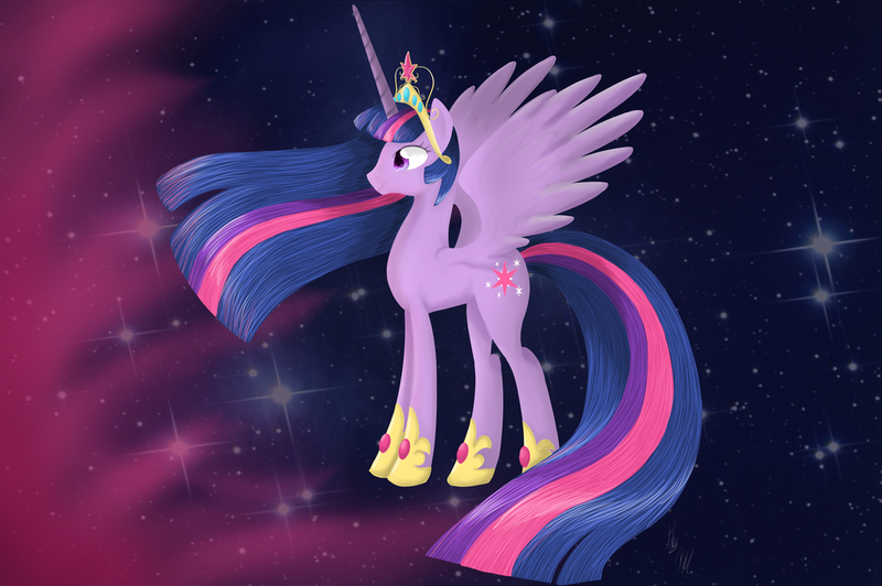 Size: 1024x681 | Tagged: safe, artist:chibikemono, derpibooru import, twilight sparkle, twilight sparkle (alicorn), alicorn, pony, big crown thingy, female, hoof shoes, jewelry, mare, older, regalia, smiling, solo, space, spread wings, starry backdrop, ultimate twilight, windswept mane