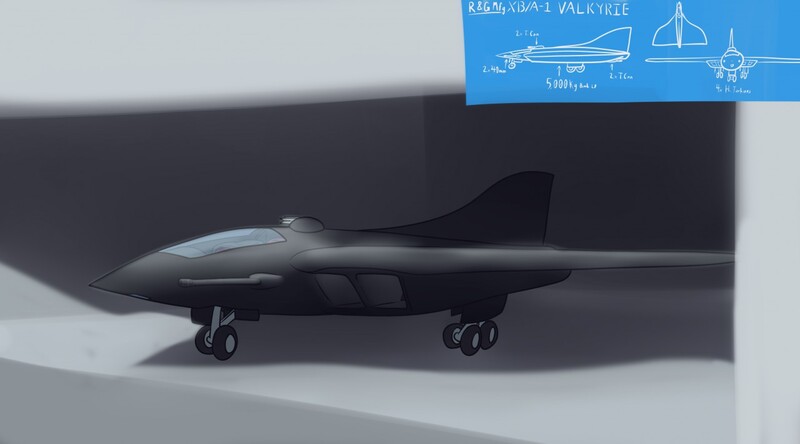 Size: 1280x711 | Tagged: aircraft, artist:the-furry-railfan, blueprint, bomber, cannon, derpibooru import, fallout equestria, fallout equestria: empty quiver, hangar, jet, prototype, safe, solo, turret, xb/a-1 valkyrie