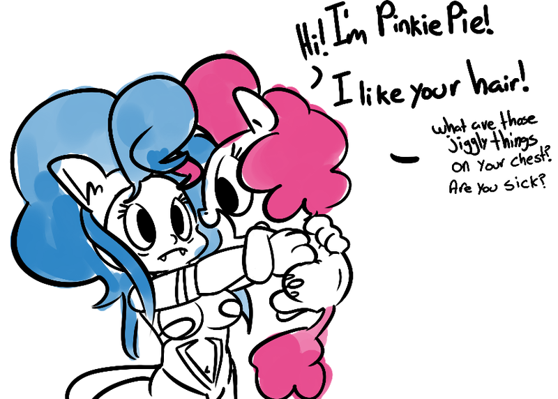 Size: 858x613 | Tagged: artist:rustydooks, crossover, darkstalkers, derpibooru import, felicia, pinkie pie, safe