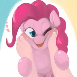 Size: 2000x2000 | Tagged: safe, artist:ushiro no kukan, derpibooru import, pinkie pie, earth pony, human, pony, blushing, cute, diapinkes, female, hand, heart, looking at you, mare, one eye closed, open mouth, ponk, smiling, solo, squishy cheeks, ushiro is trying to murder us, wink