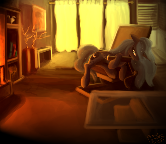 Size: 3000x2600 | Tagged: safe, artist:pedrohander, derpibooru import, princess luna, alicorn, pony, chair, colored, digital art, female, fireplace, looking at you, mare, prone, solo