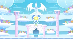 Size: 1099x597 | Tagged: safe, derpibooru import, screencap, cloud kicker, dizzy twister, lightning bolt, lyra heartstrings, merry may, orange swirl, parasol, rainbowshine, sassaflash, white lightning, pegasus, pony, sonic rainboom (episode), audience, background pony, background pony audience, cloudiseum, cloudsdale, female, mare, statue