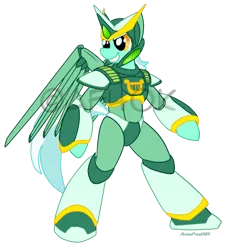 Size: 550x600 | Tagged: safe, artist:animefreak40k, derpibooru import, lyra heartstrings, pony, robot, unicorn, armor, bipedal, megaman, megamare x, solo, watermark, wings