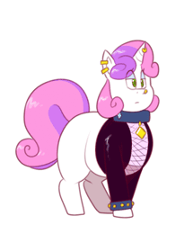 Size: 370x431 | Tagged: safe, artist:secretgoombaman12345, derpibooru import, sweetie belle, pony, unicorn, ask chubby diamond, animated, blushing, bracelet, butt expansion, chubby, collar, earring, fat, large butt, meanie belle, plot, solo, sweetie butt, the ass was fat, tumblr, weight gain, wide hips