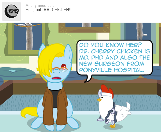 Size: 540x450 | Tagged: safe, artist:aha-mccoy, derpibooru import, oc, oc:tony starkehuf, unofficial characters only, chicken, earth pony, pony, nopony-ask-mclovin, ask, hair over one eye, male, speech bubble, stallion, stethoscope, tumblr