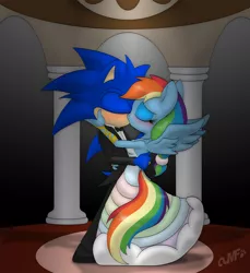 Size: 1372x1500 | Tagged: anthro, artist:miniferu, clothes, crossover, crossover shipping, derpibooru import, dress, kissing, marriage, married, married couple, pegasus, rainbow dash, safe, shipping, sonicdash, sonic the hedgehog, sonic the hedgehog (series), wedding, wedding dress