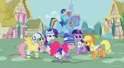 Size: 1024x571 | Tagged: safe, derpibooru import, official, screencap, applejack, fluttershy, pinkie pie, rainbow dash, rarity, twilight sparkle, twilight sparkle (alicorn), alicorn, pony, :o, american football, andrew luck, female, glare, indianapolis colts, mane six, mare, nfl, raised hoof, serious face, spread wings, super bowl, twilight's castle