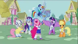 Size: 1920x1080 | Tagged: safe, derpibooru import, official, screencap, applejack, fluttershy, pinkie pie, rainbow dash, rarity, twilight sparkle, twilight sparkle (alicorn), alicorn, pony, american football, andrew luck, cheering, cheerleader, clothes, female, flying, football helmet, helmet, indianapolis colts, mane six, mare, nfl, nose in the air, ponyville, super bowl, super bowl xlix, twilight's castle, uniform, volumetric mouth
