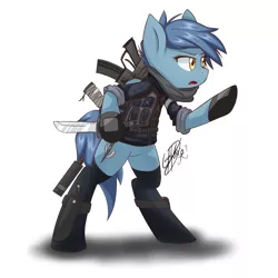Size: 1500x1500 | Tagged: safe, artist:yunguy1, derpibooru import, oc, oc:lightwalk heartwing, unofficial characters only, pegasus, pony, clothes, gun, holster, knife, mask, military, shirt, socks, solo, undershirt, vest