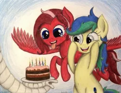 Size: 1023x786 | Tagged: safe, artist:thefriendlyelephant, derpibooru import, oc, oc:adena emberheart, oc:candy apple, earth pony, elephant, pegasus, pony, belly button, birthday cake, birthday gift art, cake, chocolate cake, elephant trunk, surprised, traditional art, trio