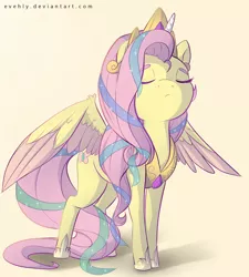 Size: 1800x2000 | Tagged: safe, artist:evehly, derpibooru import, fluttershy, pegasus, pony, testing testing 1-2-3, clothes, costume, crown, cute, eyes closed, female, hoof shoes, jewelry, mare, regalia, shyabetes, shylestia, simple background, solo, two toned wings, wing fluff, yellow background