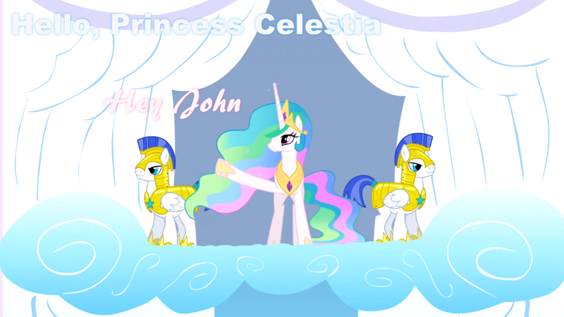 Size: 925x520 | Tagged: derpibooru import, hello, john, princess celestia, royal guard, safe, text, waving