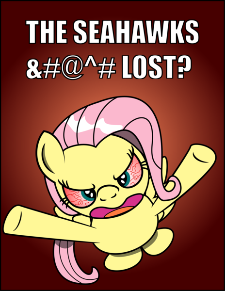 Size: 2563x3313 | Tagged: safe, artist:saburodaimando, derpibooru import, fluttershy, pony, american football, bipedal, bloodshot eyes, caption, flutterrage, from above, gradient background, mouthpiece, seahawks, seattle seahawks, simple background, super bowl, super bowl xlix, the seahawks should've ran the ball, who cares