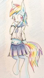 Size: 722x1280 | Tagged: safe, artist:91o42, derpibooru import, rainbow dash, semi-anthro, belly button, clothes, pixiv, school uniform, solo, traditional art