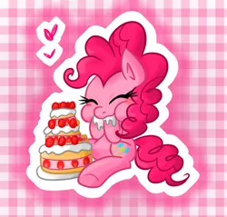 Size: 390x373 | Tagged: safe, artist:vdru7, derpibooru import, pinkie pie, earth pony, pony, cake, cute, diapinkes, eating, eyes closed, female, food, frosting, heart, mare, pixiv, sitting, solo