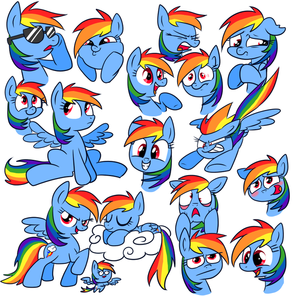 Size: 800x800 | Tagged: safe, artist:vdru7, derpibooru import, part of a set, rainbow dash, blushing, cloud, cute, dashabetes, dashface, derp, doodle, floppy ears, flying, happy, multeity, nervous, pixiv, scared, shade, sitting, sleeping, smiling, so awesome, solo, spread wings, unamused
