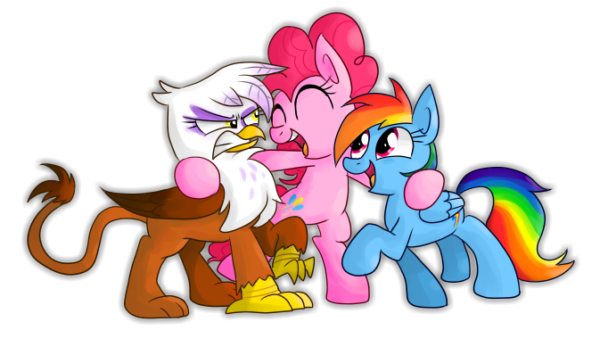 Size: 673x398 | Tagged: safe, artist:vdru7, derpibooru import, gilda, pinkie pie, rainbow dash, gryphon, pixiv