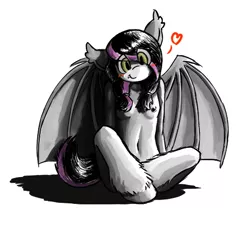 Size: 504x504 | Tagged: suggestive, artist:atteez, derpibooru import, oc, oc:ipomoea, unofficial characters only, anthro, bat pony, anatomically incorrect, anthro oc, blushing, breasts, cute, delicious flat chest, female, godiva hair, heart, incorrect leg anatomy, monochrome, nudity, solo, solo female, spread wings, strategically covered, unshorn fetlocks