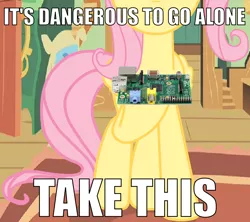 Size: 1414x1254 | Tagged: derpibooru import, fluttershy, image macro, it's dangerous to go alone, meme, raspberry pi, safe, take this, the legend of zelda