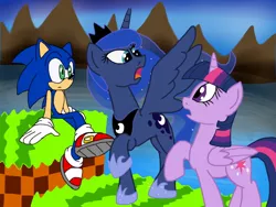 Size: 1024x768 | Tagged: safe, artist:biosonic100, derpibooru import, princess luna, twilight sparkle, twilight sparkle (alicorn), alicorn, pony, fanfic, chaos in equestria, crossover, fanfic art, female, green hill zone, mare, sonic the hedgehog, sonic the hedgehog (series)