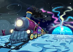 Size: 1966x1389 | Tagged: artist:rainihorn, crystal empire, derpibooru import, friendship express, night, no pony, ponyville, safe, snow, snowfall, snowflake, stars, train