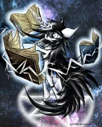 Size: 800x1000 | Tagged: safe, artist:ap0st0l, derpibooru import, oc, unofficial characters only, pony, bipedal, book, floating, glasses, knowledge, long mane, long tail, magic, male, pentagram, solo, stallion, white night