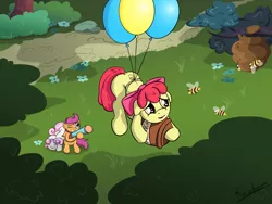 Size: 2560x1920 | Tagged: safe, artist:rainihorn, derpibooru import, apple bloom, scootaloo, sweetie belle, bee, earth pony, pegasus, pony, unicorn, balloon, beehive, cutie mark crusaders, female, filly, floating, grass, harsher in hindsight, hilarious in hindsight, honey, this will end in bees, this will end in pain, this will end in tears, this will end in tears and/or death and/or covered in tree sap, tree, tree sap and pine needles, winnie the pooh