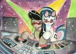 Size: 2309x1631 | Tagged: safe, artist:souleatersaku90, derpibooru import, octavia melody, vinyl scratch, :o, bedroom eyes, blushing, dubstep, female, heart, holding hooves, hoof hold, lesbian, music, scratchtavia, shipping, smiling, traditional art, watercolor painting, wub