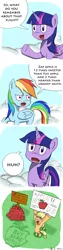 Size: 827x3308 | Tagged: safe, artist:discorded, derpibooru import, applejack, rainbow dash, twilight sparkle, twilight sparkle (alicorn), alicorn, pony, testing testing 1-2-3, apple, buy some apples, comic, female, mare, that pony sure does love apples, zap apple