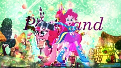 Size: 1920x1080 | Tagged: safe, artist:caliazian, artist:illumnious, artist:stainless33, derpibooru import, pinkie pie, earth pony, pony, equestria girls, bubble, clothes, glasses, hat, hipster, scarf, sugarcube corner, vector, wallpaper