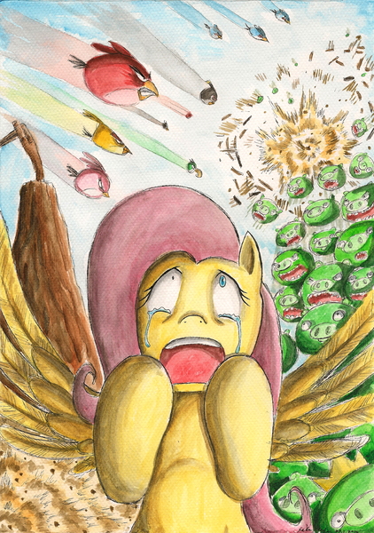 Size: 1627x2313 | Tagged: angry birds, artist:souleatersaku90, attack, bad piggies, crossover, crown, crying, derpibooru import, fluttershy, safe, slingshot, traditional art, war, watercolor painting