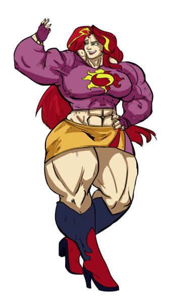 Size: 2550x4564 | Tagged: safe, artist:first-second, derpibooru import, sunset shimmer, equestria girls, clothes, flexing, gloves, humanized, midriff, muscles, my muscle pony, solo, sunset lifter