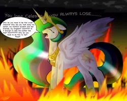 Size: 1200x960 | Tagged: artist:cosmeon, artist:emeraldpony, crying, derpibooru import, dialogue, fire, grimdark, injured, princess celestia, solo