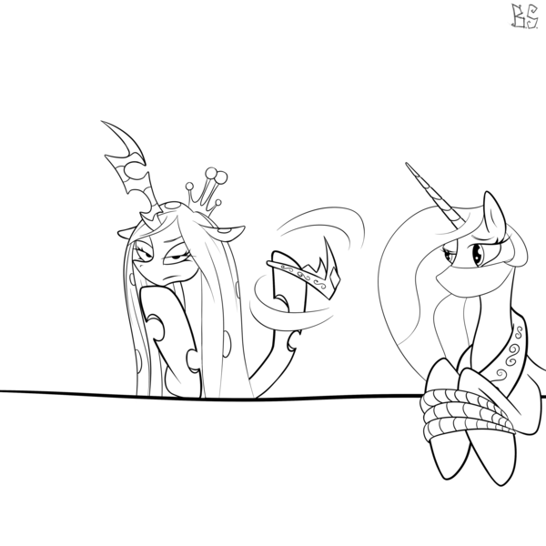 Size: 2048x2048 | Tagged: safe, artist:briarspark, derpibooru import, princess celestia, queen chrysalis, alicorn, changeling, pony, cloth gag, crown, gag, monochrome, rope, tied up