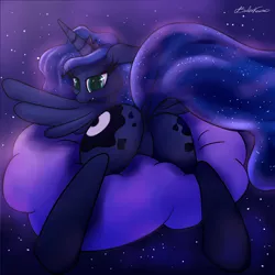 Size: 3000x3000 | Tagged: artist:emberkaese, both cutie marks, cloud, derpibooru import, featureless crotch, female, horn, moonbutt, night, plot, princess luna, solo, stars, suggestive, tail, wings