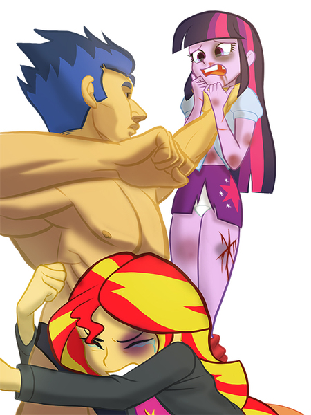 Size: 600x800 | Tagged: artist needed, source needed, grimdark, derpibooru import, flash sentry, sunset shimmer, twilight sparkle, equestria girls, abuse, background pony strikes again, black eye, blood, clothes, disproportionate retribution, domestic abuse, downvote bait, edgy, misogyny, op started shit, panties, shimmerbuse, simple background, torn clothes, twilybuse, underwear, we are going to hell, white underwear
