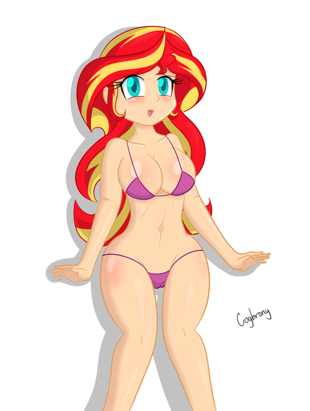 Size: 1077x1425 | Tagged: absolute cleavage, artist:thebrokencog, bikini, breasts, busty sunset shimmer, cameltoe, cleavage, clothes, female, human, humanized, questionable, solo, solo female, sunset shimmer, swimsuit