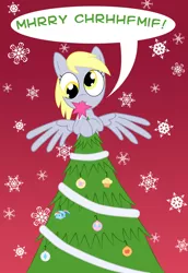 Size: 971x1408 | Tagged: safe, artist:nimbostratus, derpibooru import, derpy hooves, pegasus, pony, christmas, christmas tree, derpy star, female, hilarious in hindsight, mare, mouth hold, snow, snowflake, solo, stars, tree