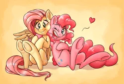 Size: 2355x1600 | Tagged: armpits, artist:raunchyopposition, blushing, cheek squish, cute, derpibooru import, duo, floating heart, fluttershy, heart, hug, open mouth, pinkie pie, rubbing, safe, scrunchy face, sitting, smiling, squishy cheeks, underhoof, wink