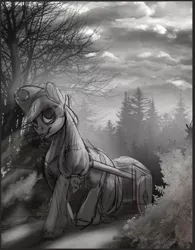 Size: 681x873 | Tagged: safe, artist:blindcoyote, derpibooru import, applejack, cart, scenery, sketch, solo