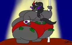 Size: 1280x800 | Tagged: suggestive, artist:joe-anthro, derpibooru import, king sombra, anthro, unicorn, ass, bhm, butt, dollars, fat, grin, impossibly large butt, male, money, moobs, morbidly obese, obese, playboy, solo, solo male, sombutt, speedo, stripper, stripper pole, the ass was fat, waiter, wrist cuffs